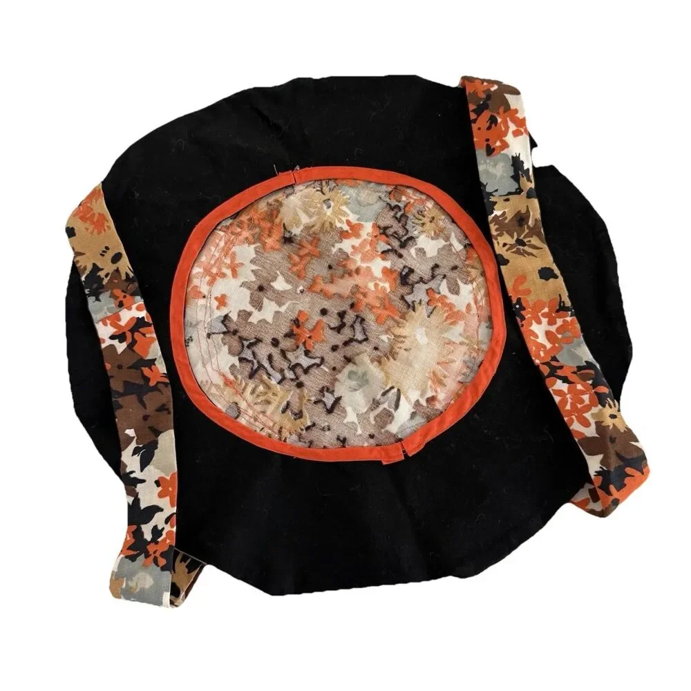 Vtg 1950s Mid Century Modern Fabric Circular Casserole Carrier Orange Brown 16
